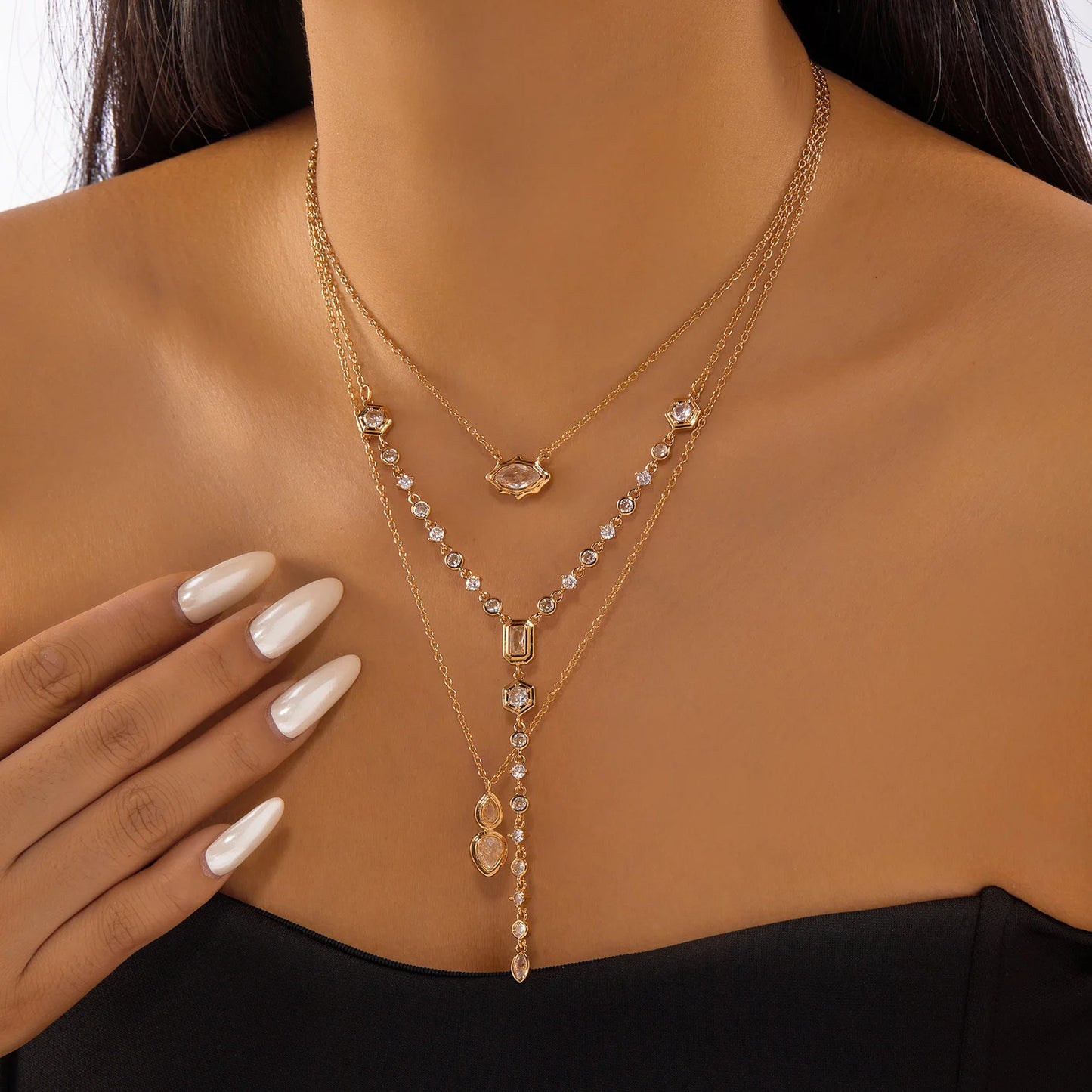 Fashion Crystal Tassel Y-Shaped Pendant Necklace for Women Simple Luxury Inlaid Zircon Clavicle Chain Choker Party Jewelry Gifts