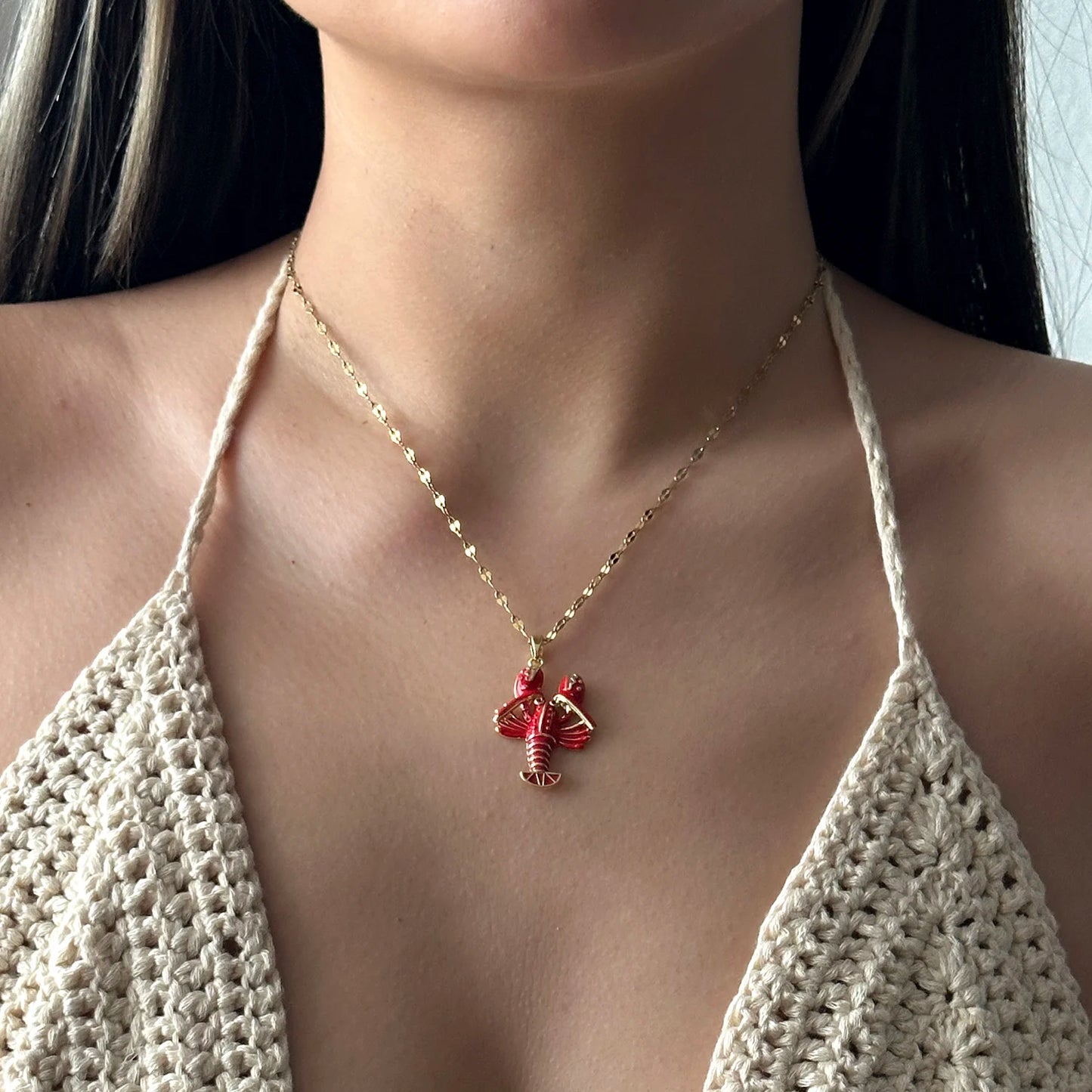 Minimalist Copper Red Enamel Lobster Pendant Necklace with Cubic Zirconia Dainty Gold Tone Chain Simple Statement Jewelry
