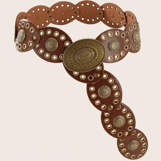 Vintage Hollow Rivet Wide Belt Brown Metal Pattern Buckle Women's Waist Cinch Belt Fashion Decorative Waist Seal