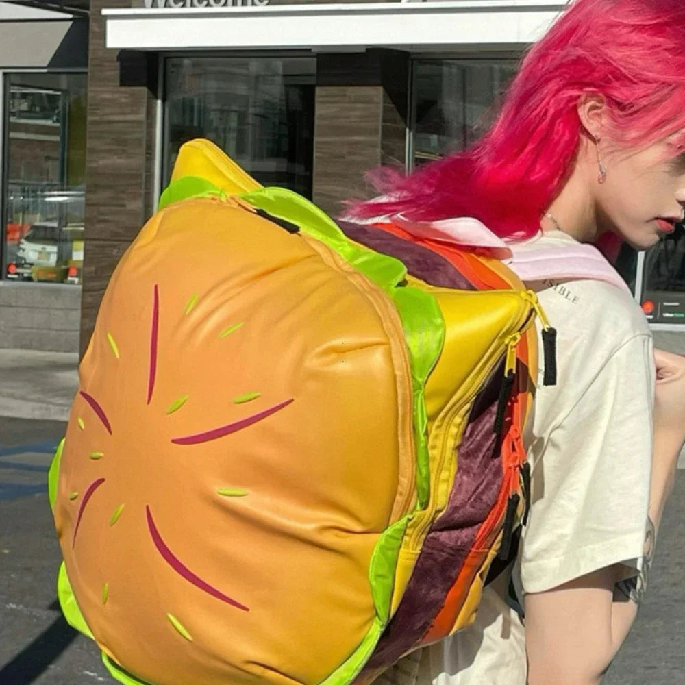 Stylish Hamburger Daypack Laptop Storage Zipper Portable Casual Tote PU Cheeseburger Backpack for Unisex Travel Outdoor Vacation