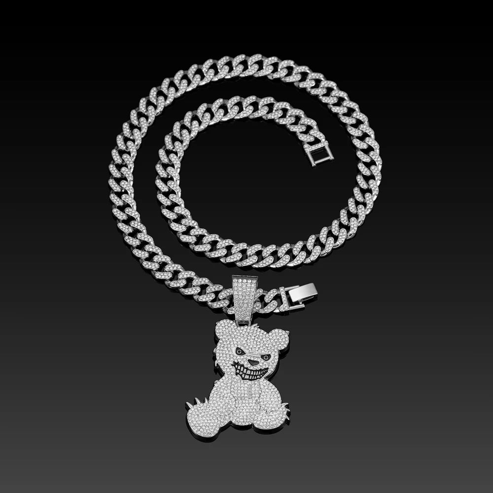 Men Women Hip Hop Bear Shape Pendant Necklace with 13mm Crystal Cuban Chain Iced Out Bling Bling Necklaces HipHop Punk Jewelry