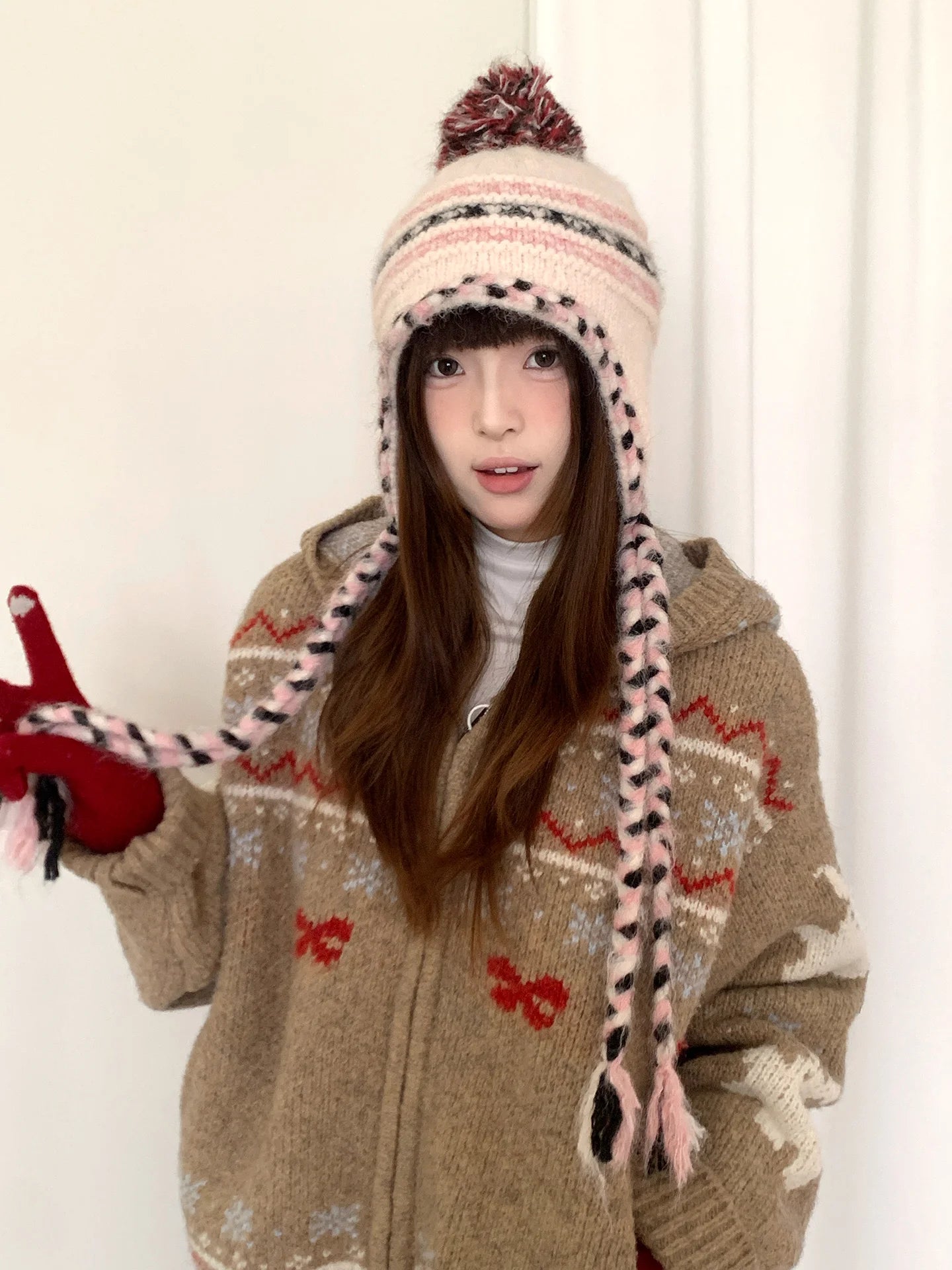 Retro Fair Lsle Colorblock Braided Wool Ball Knit Hat For Women With Wool For Winter Warm Ear Protection Lei Feng Cap