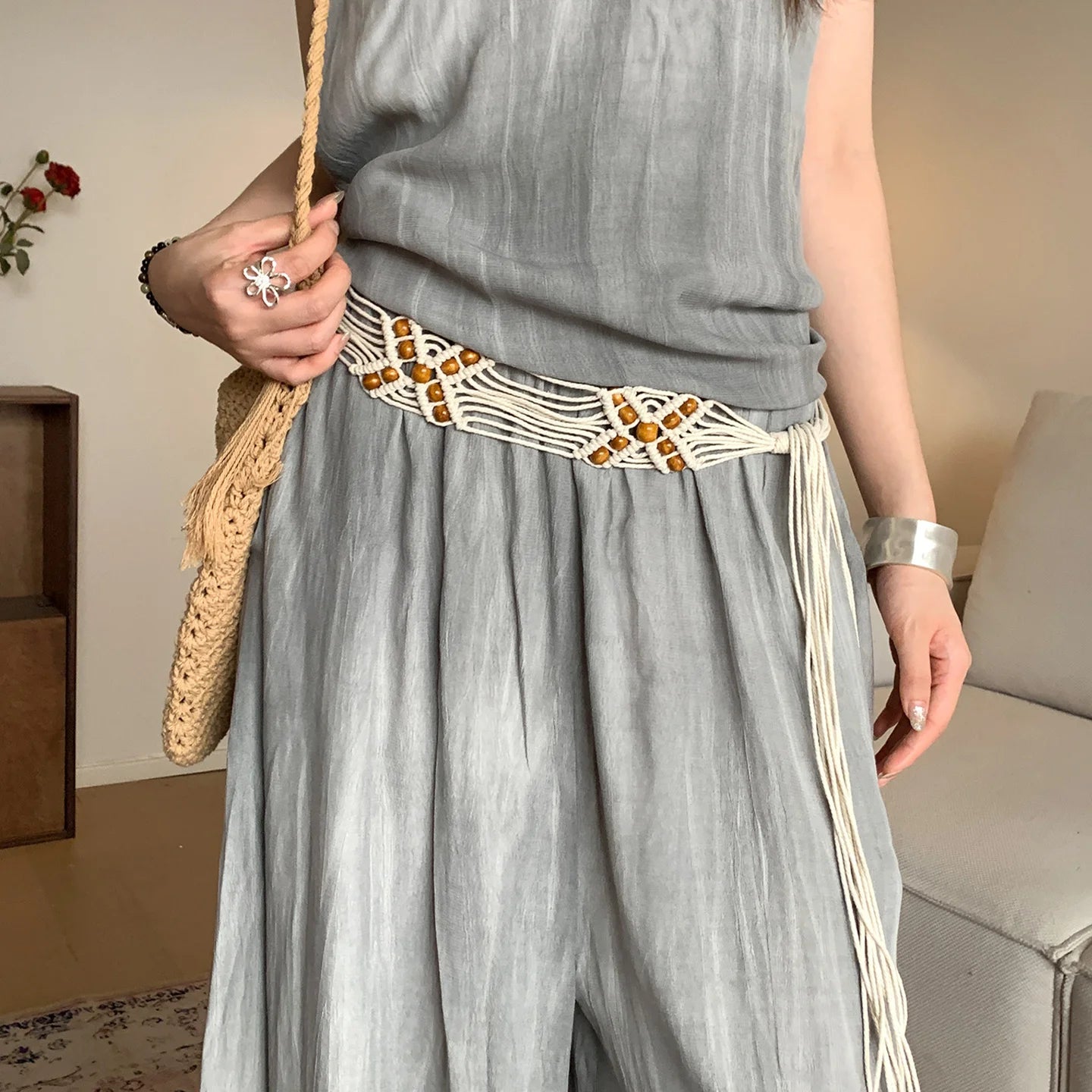 Bohème Bead Woven Wide Belt Vintage Ethnic Versatile Waist Rope Small Batch High-End Skirt Accessory