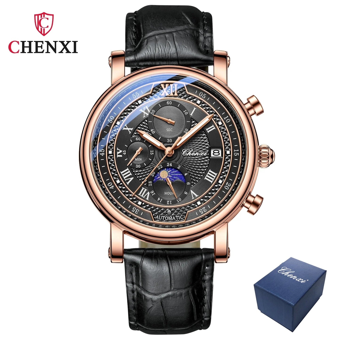Chenxi Men' Leather Chronograph Phase The Moon Luminous Quartz Watch SilverShell
