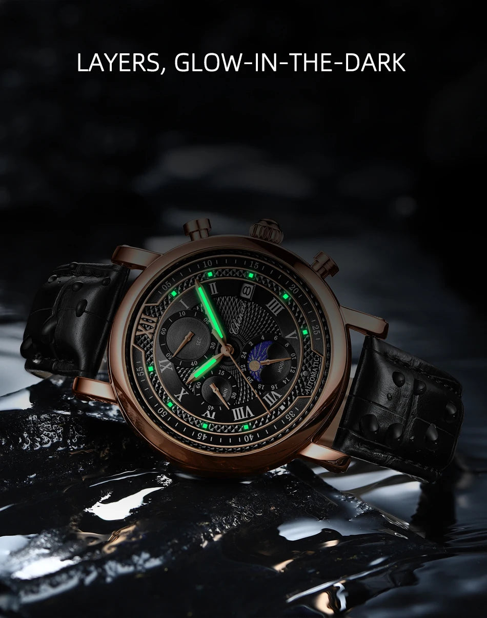 Chenxi Men Leather Chronograph Phase of The Moon Luminous Quartz Watch RoseShell