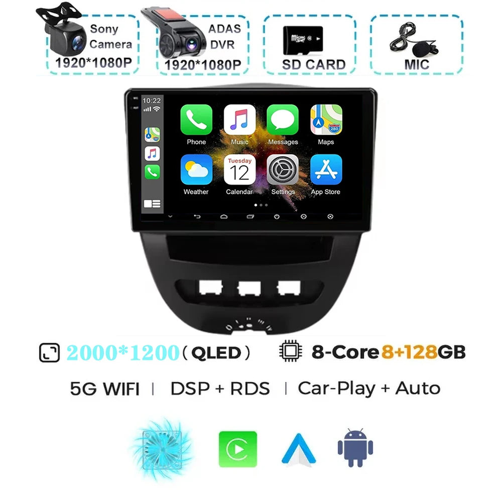 For Peugeot 107 Toyota Aygo Citroen C1 2005-2014 Carplay Auto Android 15 Car Radio Multimedia Video Player Navigation 4G WIFI