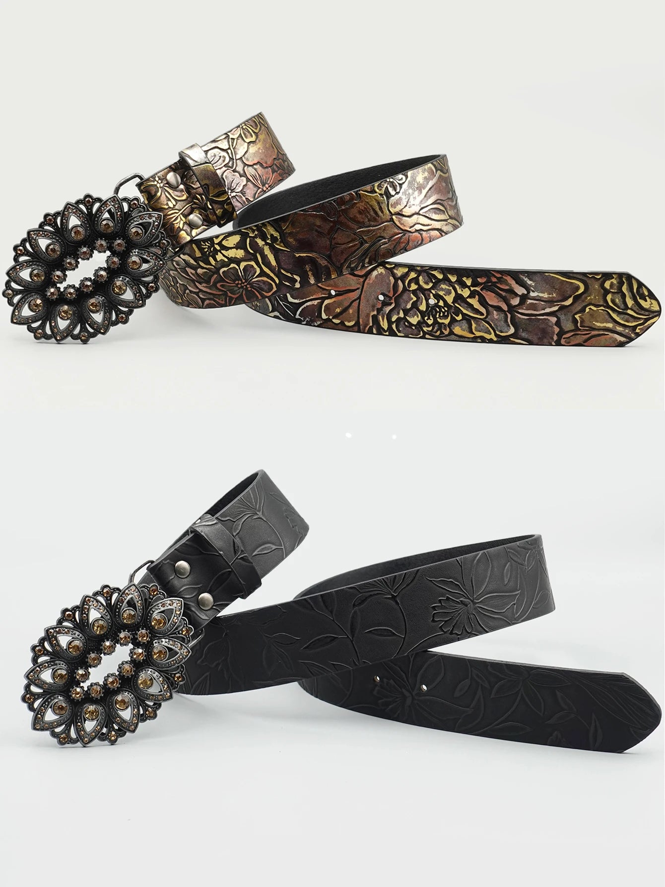 Elegant Retro Black Rhinestone Inlaid Women's Belt with Leaf Pattern Printed Belt, Classic Decoration, Fashionable Casual Belt