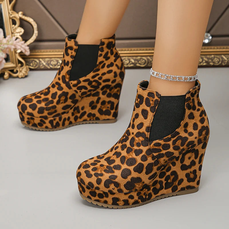 Leopard Print Chunky Wedges Ankle Boots Women Slip On Super High Heels Flock Boots Woman Plus Size 43 Platform Short Booties