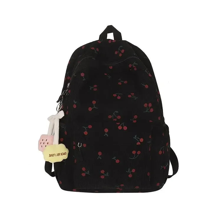Corduroy Backpack Cherry Pattern Women Travel Daypack Adjustable Strap Laptop Backpack Zipper for Work Shopping School mochilas