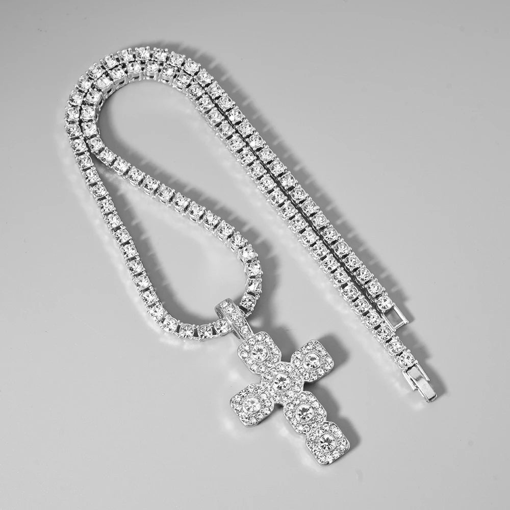 Women Hip Hop Cross Pendant Necklace Strap Men 4mm Rhinestone Tennis Chain Iced Sparkling Necklace Punk Jewelry Fashion Gift