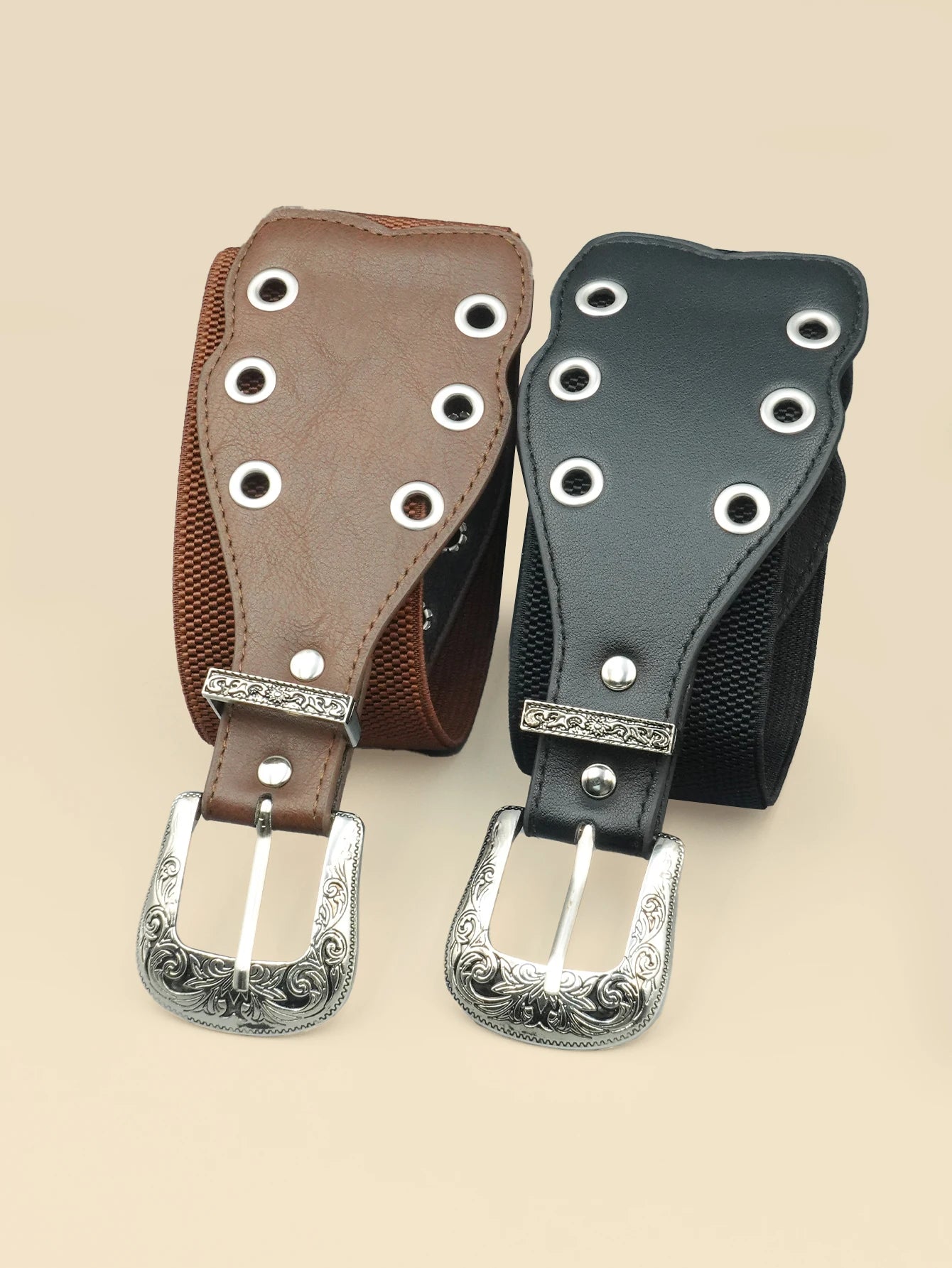 Y2K Style Eyelet Women's Patchwork Belt, Silver Carved Alloy Buckle, Personalized and Fashionable Women's Belt