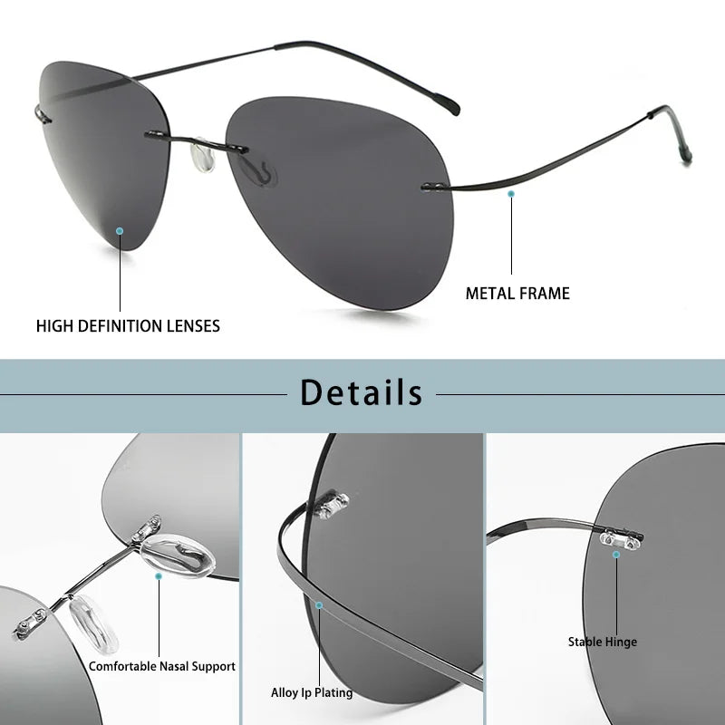 Caterside Pilot Polarized Sunglasses Men Rimless Titanium Alloy Ultralight Sun Glasses Women Driving Sports Fishing Summer Style