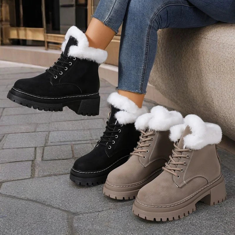 Thick Heels Faux Fur Ankle Boots Women Fashion Lace Up Long Plush Winter Boots Woman Comfort Non Slip Cotton Padded Shoes Female