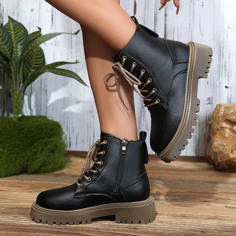 2025 Lace Up Platform Ankle Boots for Women Autumn Winter Warm Plush Short Booties Mujer Plus Size Thick Sole Motorcycle Boots