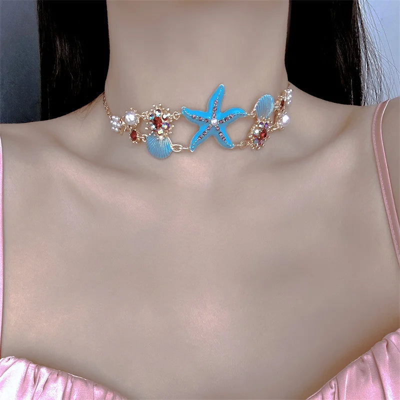 Exaggerated Colorful Shell Starfish Pendant Necklace for Women Summer Beach Party Pearl Rhinestone Choker Necklace Y2K Jewelry