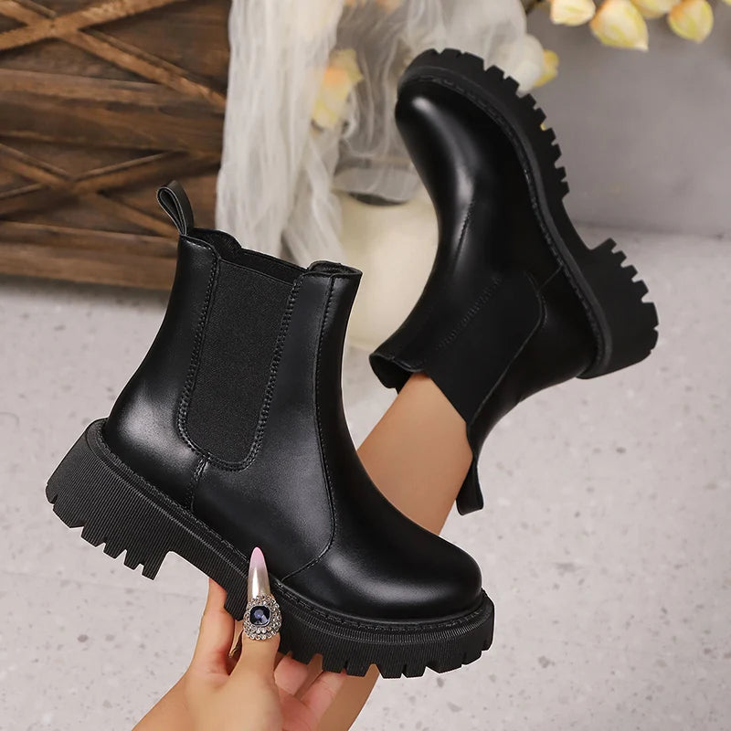 Black Pu Leather Platform Chelsea Boots Women Fashion Elastic Band Thick Sole Ankle Boots Woman Plus Size 42 Short Booties Mujer