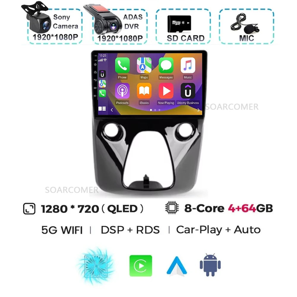 Android 15 For Peugeot 108 Toyota Aygo B40 2013-2021 Citroen C1 2K QLED Android Car Radio Multimedia Video Player GPS 4G stereo