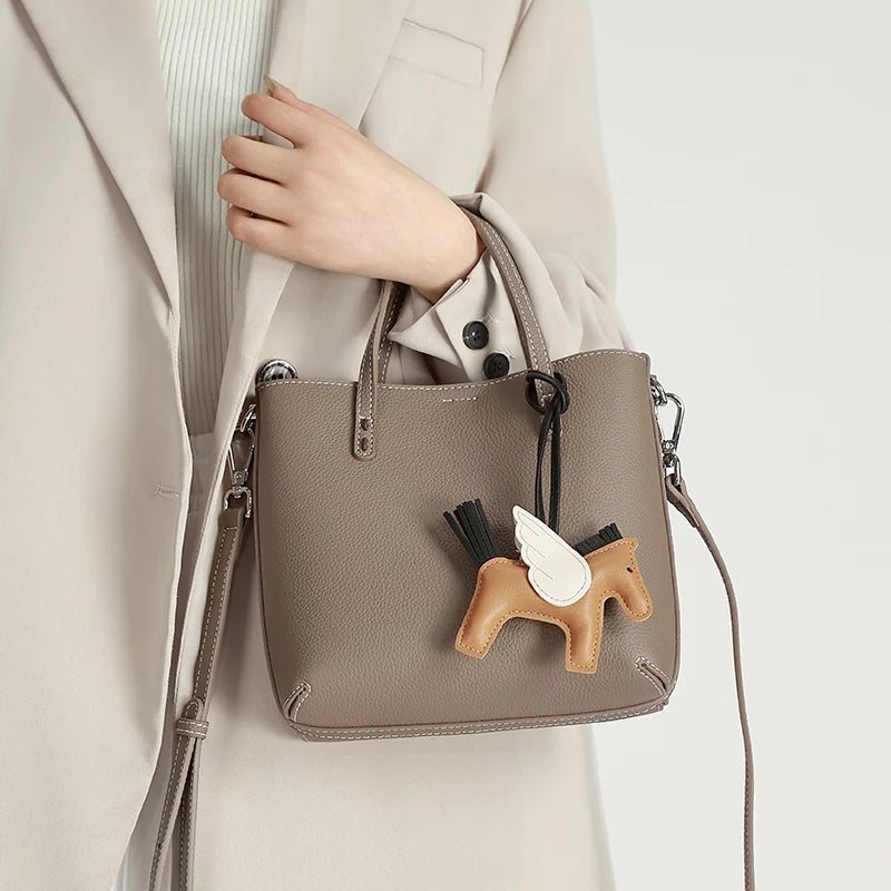 Genuine Cowhide Leather Mini Tote Bag for Women Pebbled Leather Bucket Bag with Horse Charm Luxury Designer Patchwork Handbag