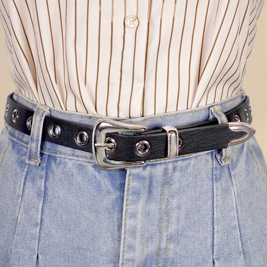 Classic Pu Material Black Belt Retro Hollow Women's Belt Punk Y2K Style Versatile Casual Decoration