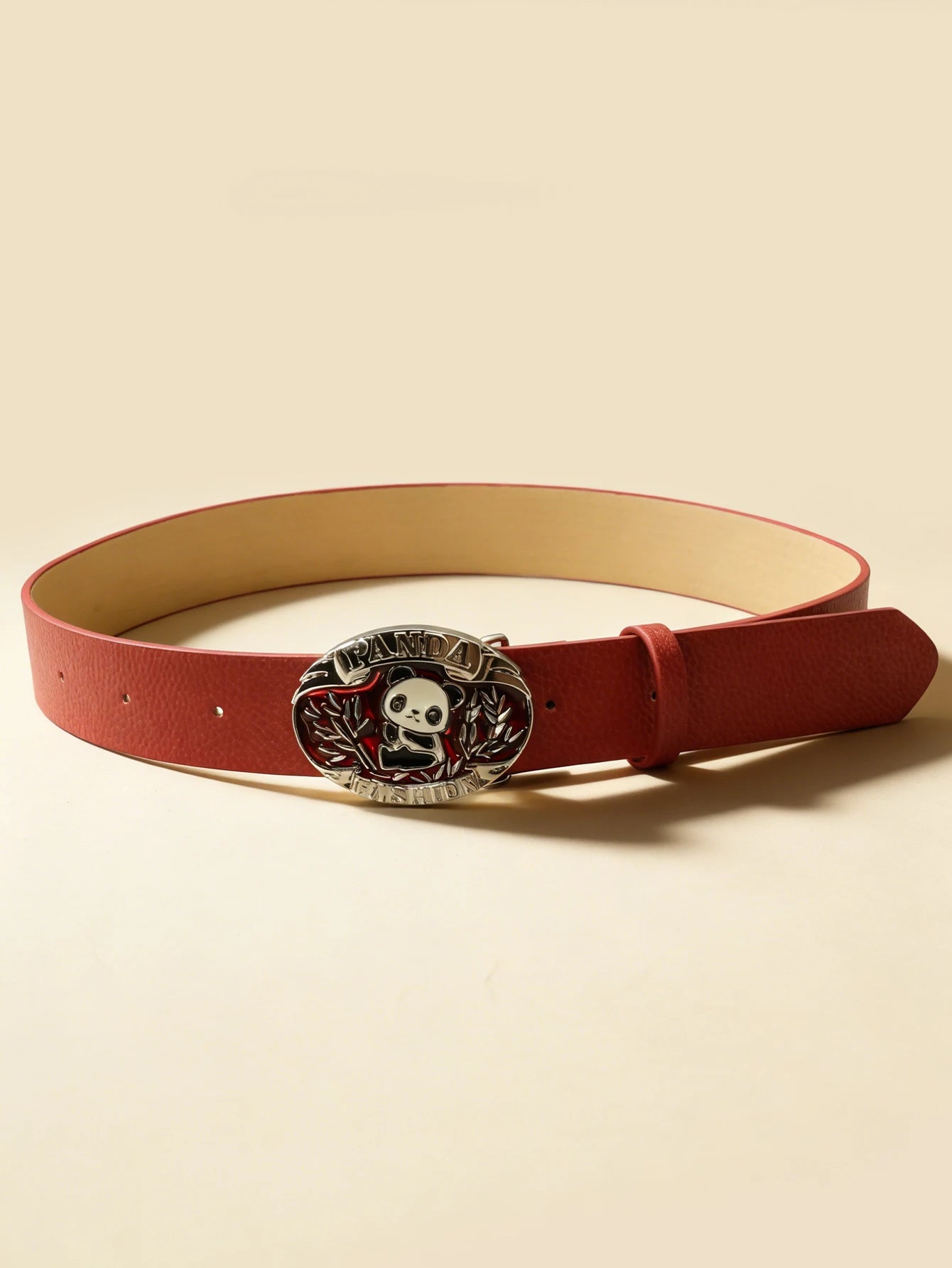 Cute Panda Buckle Red Belt Playful Lychee Texture Unisex Waistband Retro Decorative Waist Cinch