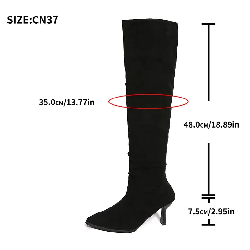 Vintage Thin High Heel Knee High Boots Women 2025 Sexy Pointed Toe Long Black Boots Woman Slip On Pleated Faux Suede Botas Mujer