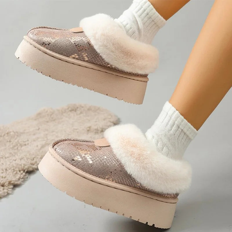 Chic Beige Shiny Snow Boots for Women 2025 Winter Korean Short Plush Warm Boots Woman Round Toe Thick Bottom Booties Female