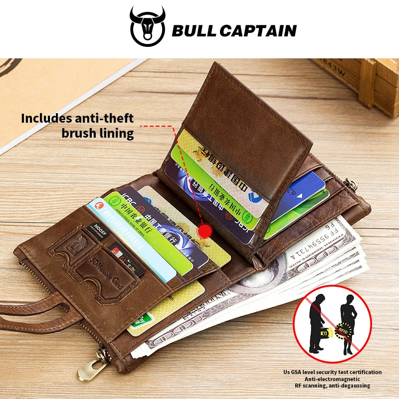BULLCAPTAIN Genuine Leather RFID Men Wallet Credit Business Card Holders Double Zipper Cowhide Leather Wallet Purse Carteira 021