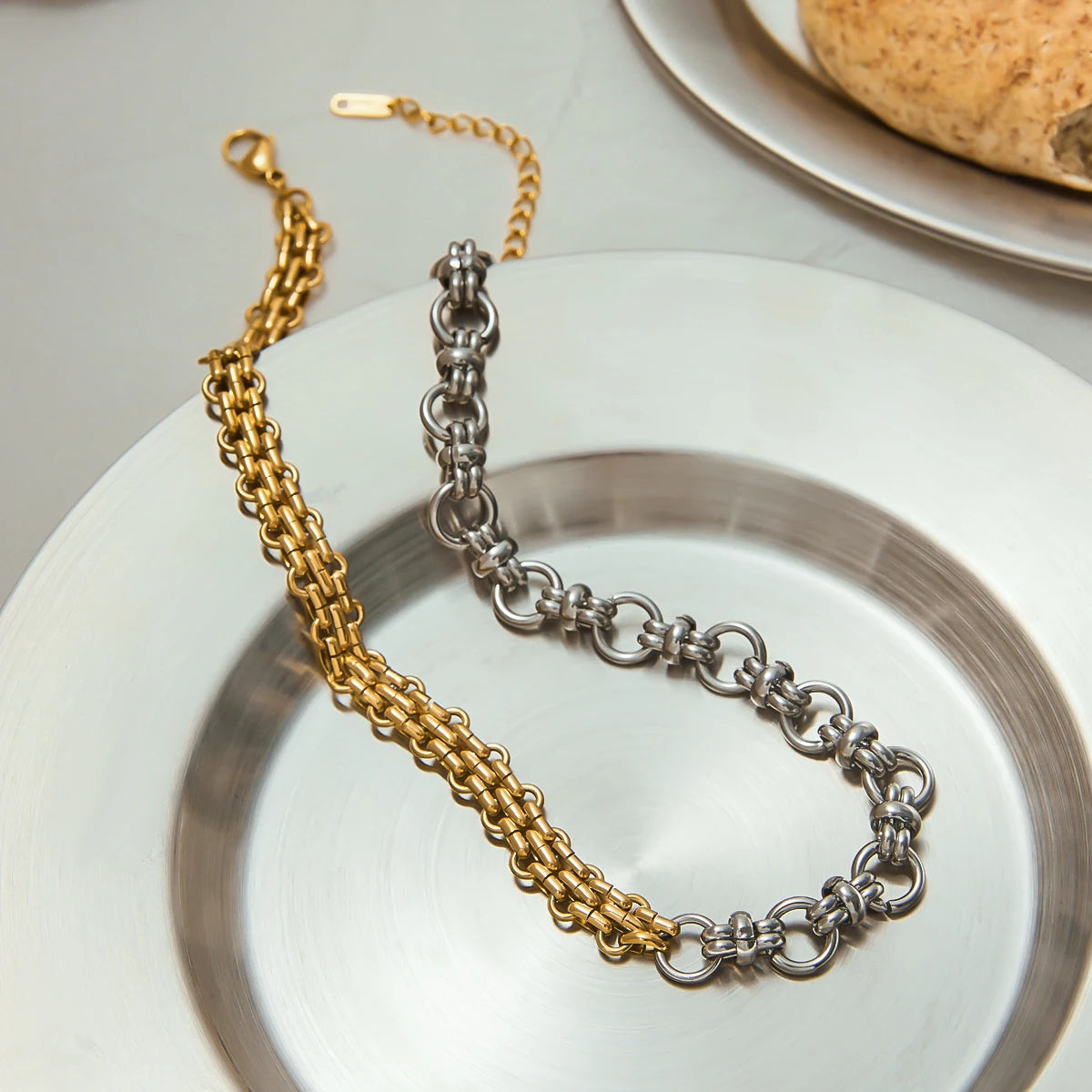 Uworld Minimalist 18K Gold Color Plated Stainless Steel Two tone Handmade Chain Necklace Stackable Basic Link Necklace Women's J