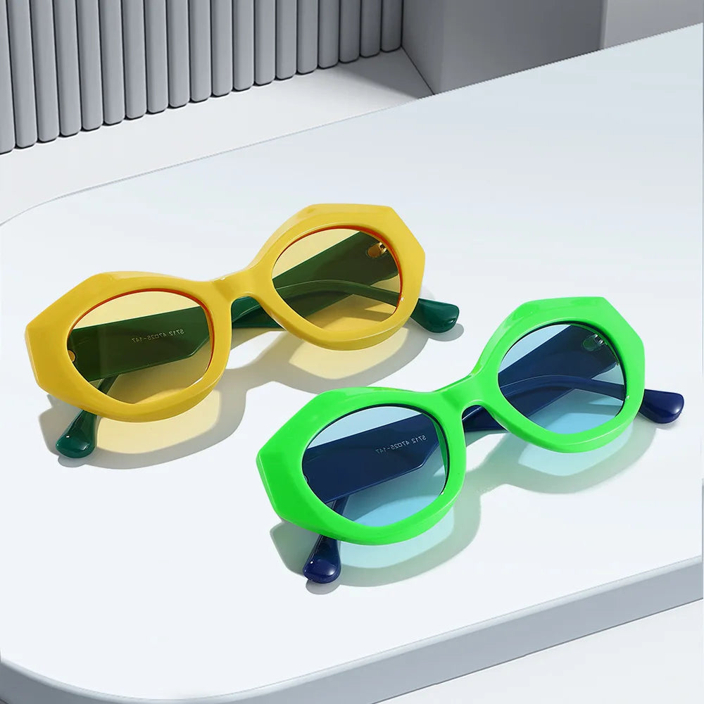 JNPCXI New Polygon Cat Eye Sunglasses Men Gradient Shades UV400 Vintage Matte Tea Women Sun Glasses