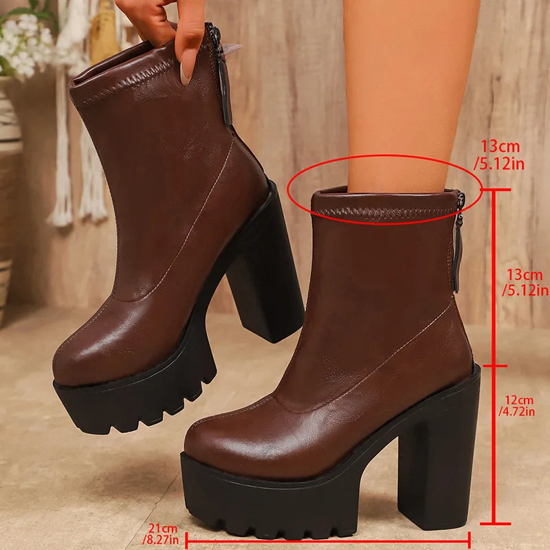 Black Pu Leather High Heel Ankle Boots Women Punk Back Zipper Chunky Platform Boots Woman Plus Size 43 Thick Heels Short Booties