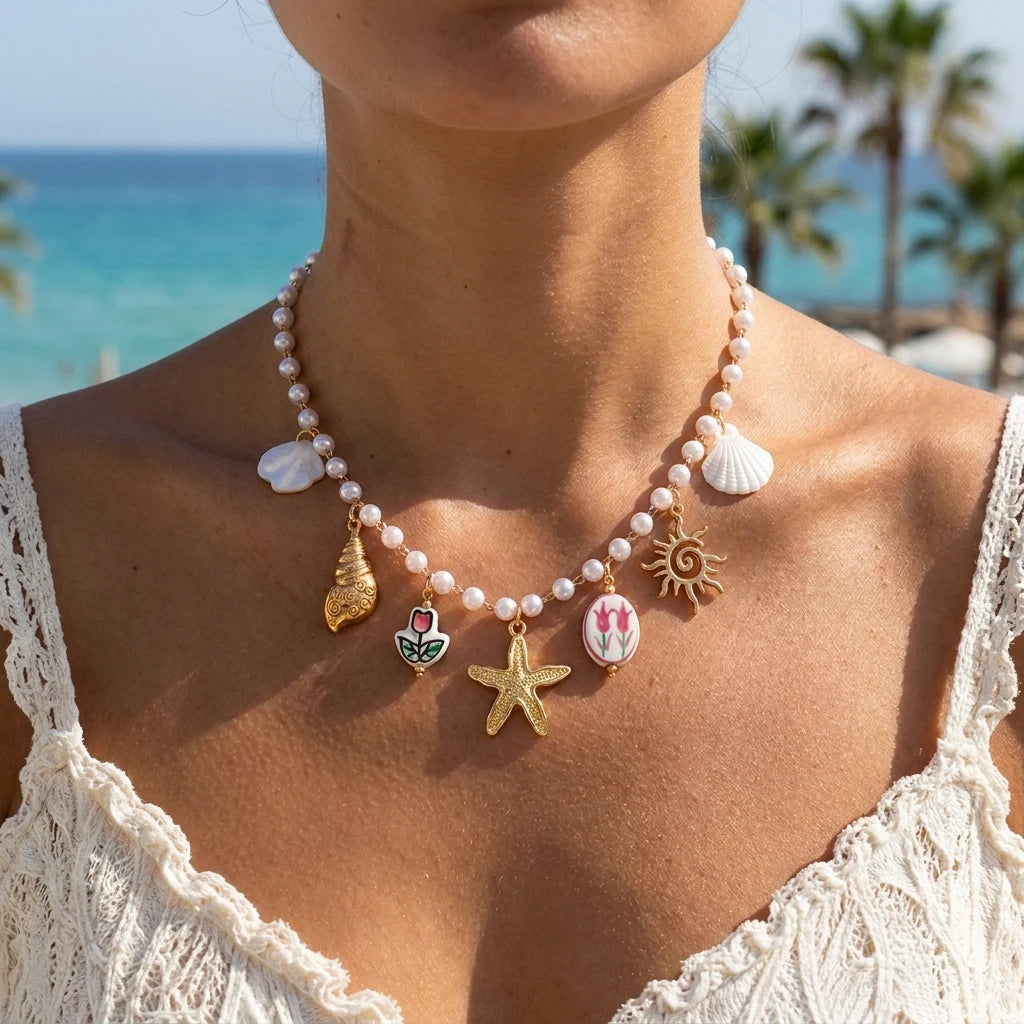 Boho Beach Faux Pearl Choker for Women Gold Color Starfish Conch Sun Charm Summer Vacation Swimwear Jewelry