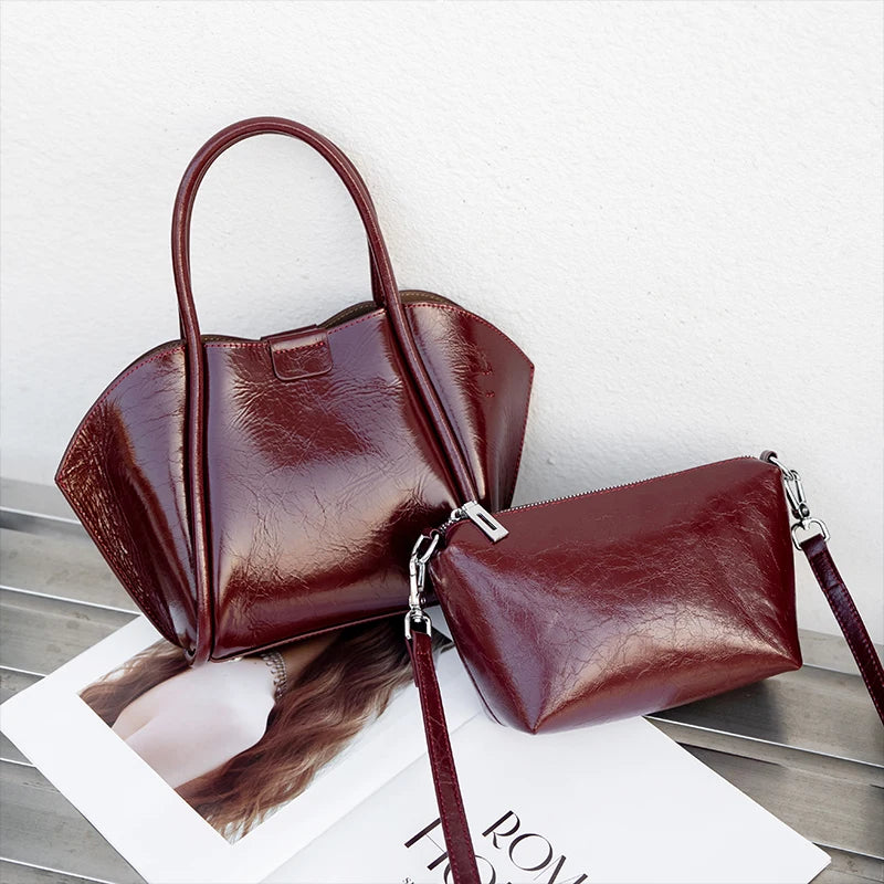 Genuine Cowhide Leather Top Handle Bag Set for Women Designer Oil Wax Leather Fan-Shaped Satchel with Matching Crossbody Pouch