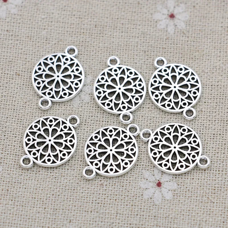 10Pcs Antique Silver Plated Round Flower Charm Connectors for Jewelry Making Bracelet Accessories DIY Findings