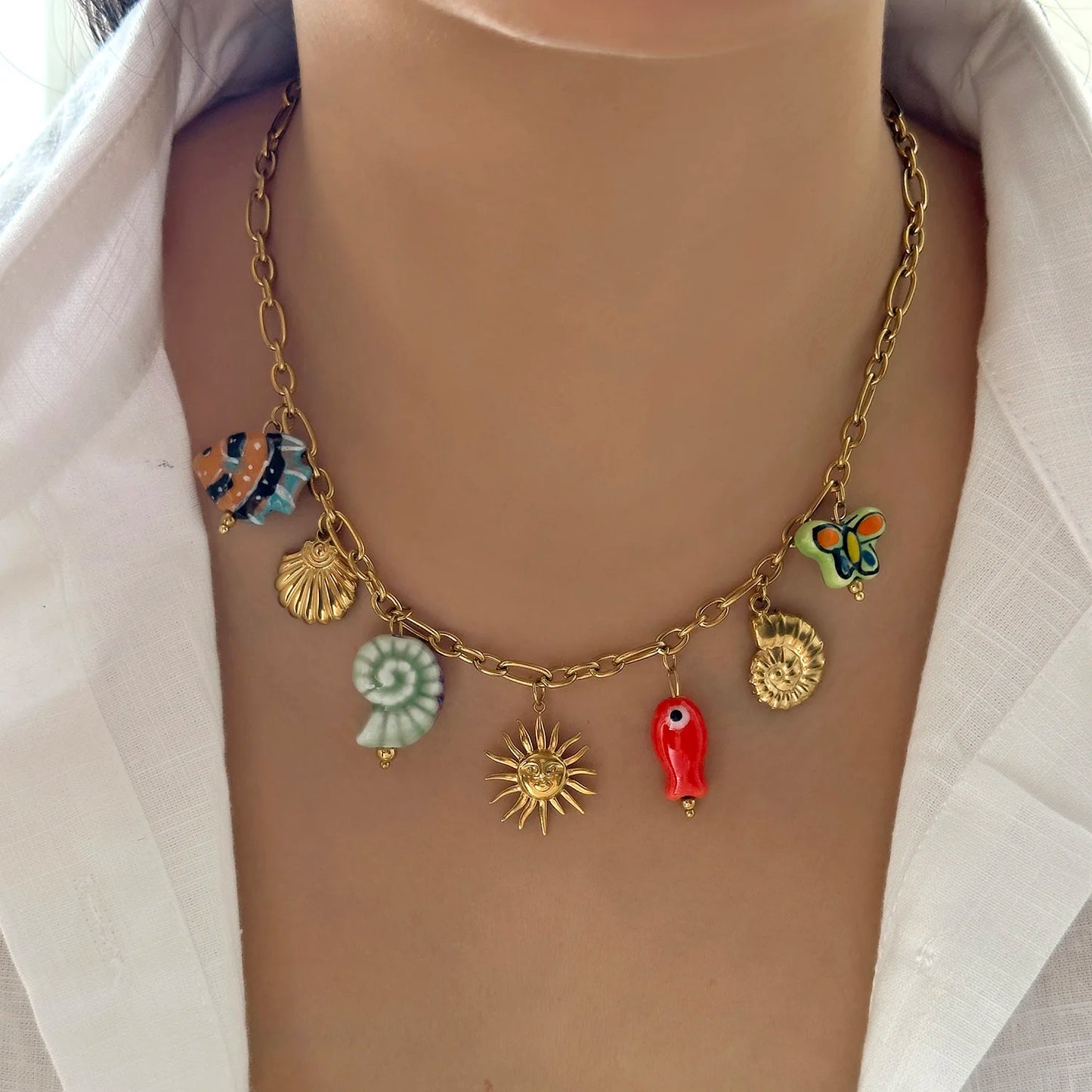 Charming Ceramic Fish Sea Turtle Sun Starfish Pendant Necklace for Women Stainless Steel Gold Color Necklace Beach Party Jewelry