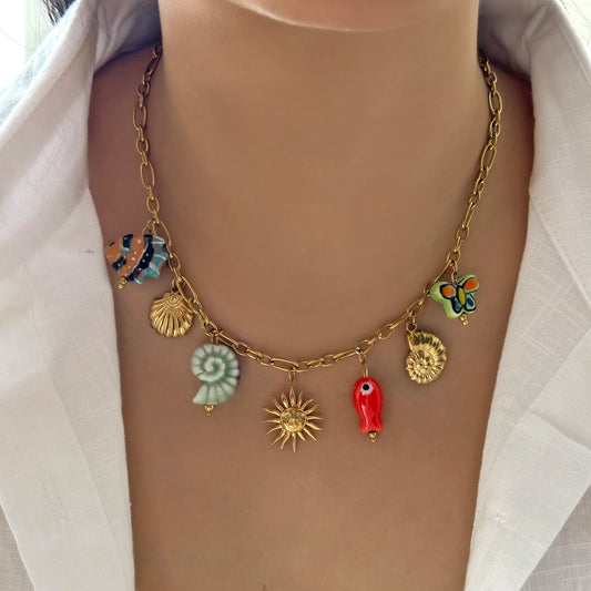 Charming Ceramic Fish Sea Turtle Sun Starfish Pendant Necklace for Women Stainless Steel Gold Color Necklace Beach Party Jewelry
