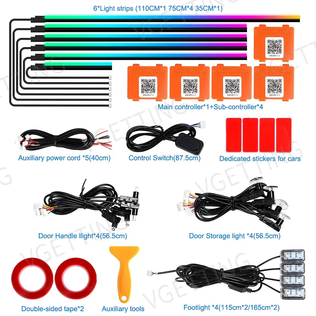 Vgetting 18 in 1 Car Ambient Lights Dual Zone Symphony RGB LED Interior Acrylic Strips Atmosphere Light Button APP Control 12V