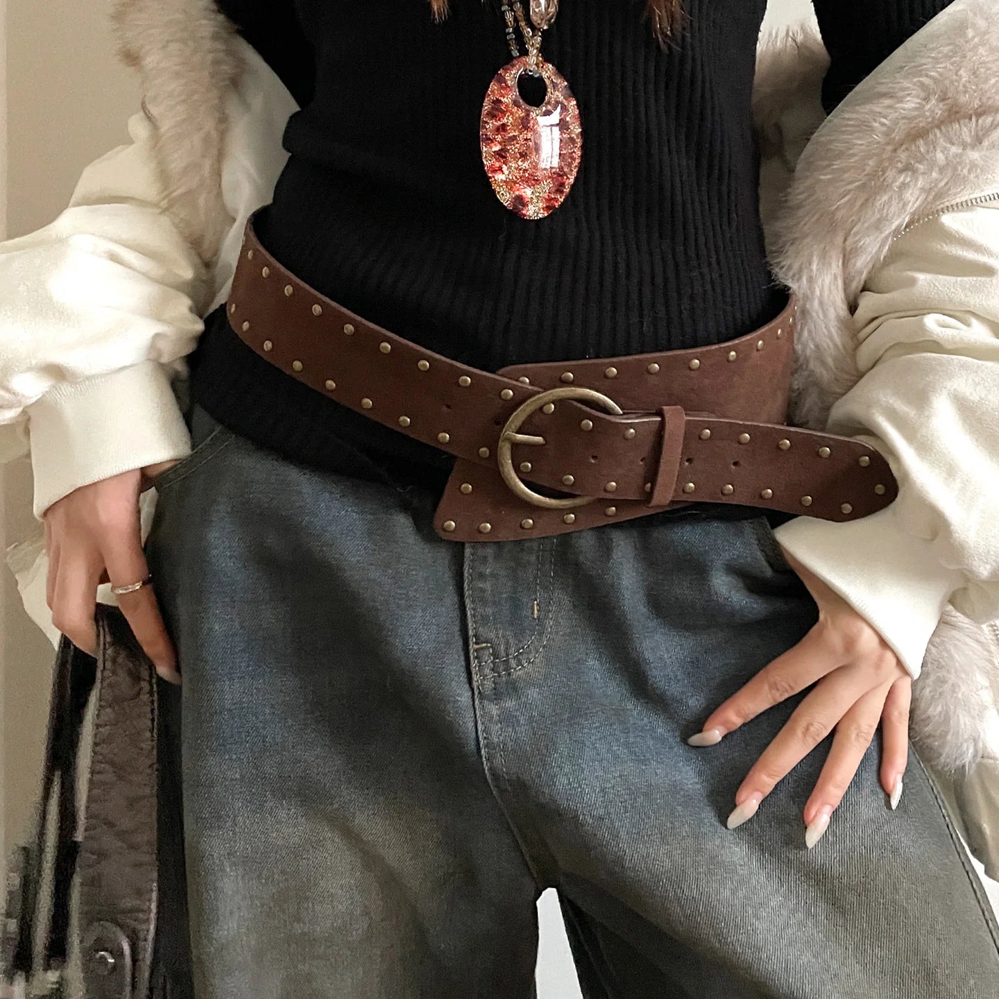Retro American Punk Style Velvet Rivet Wide Belt For Women Design Sense Waistcoat With Skirt Jeans Belt