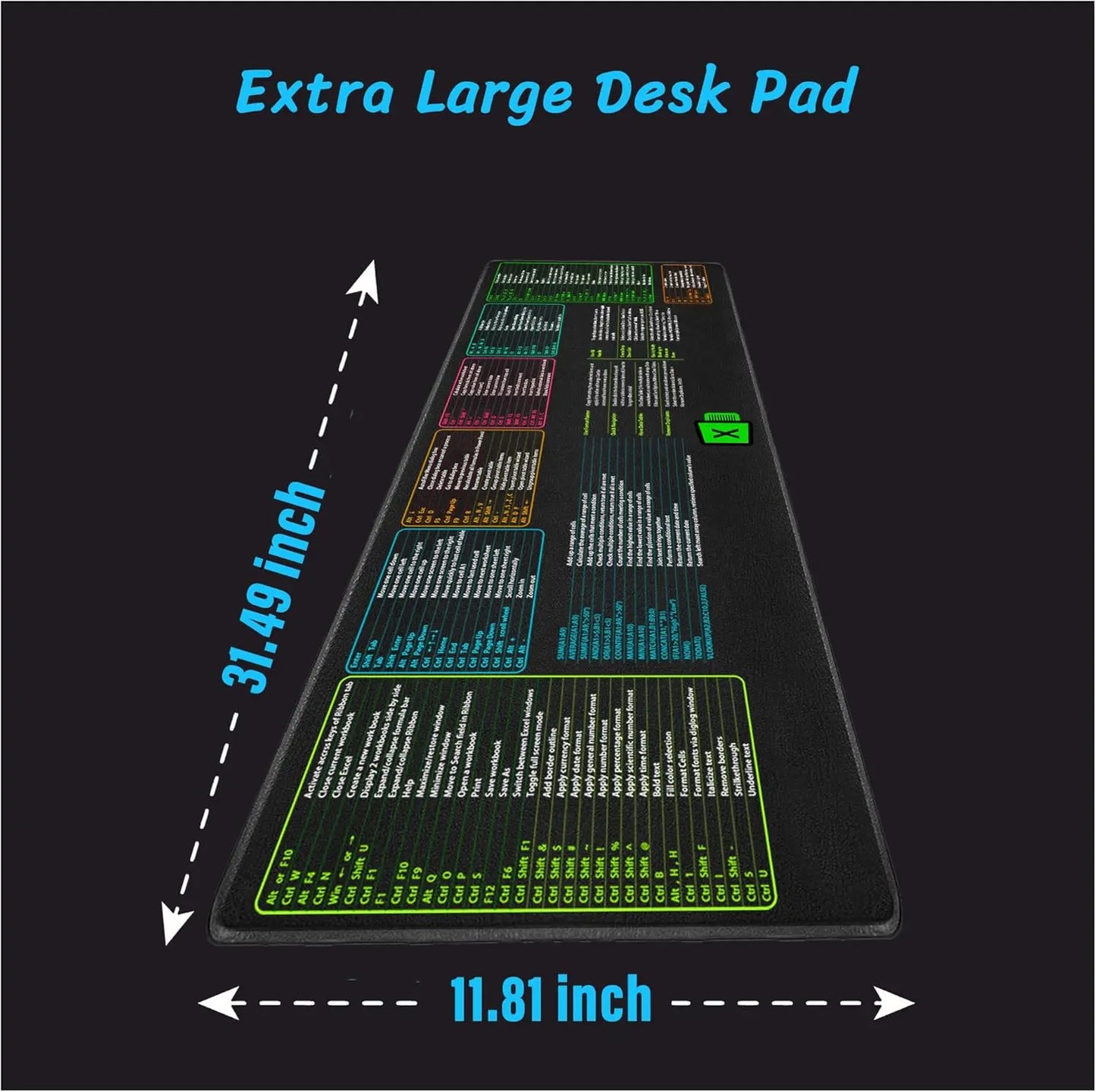 Large Excel Cheat Sheet Keyboard Desk Pad, Cheat Table Mouse pad, Over 150 Excel Shortcuts, Non-Slip Sewn Edge for Office