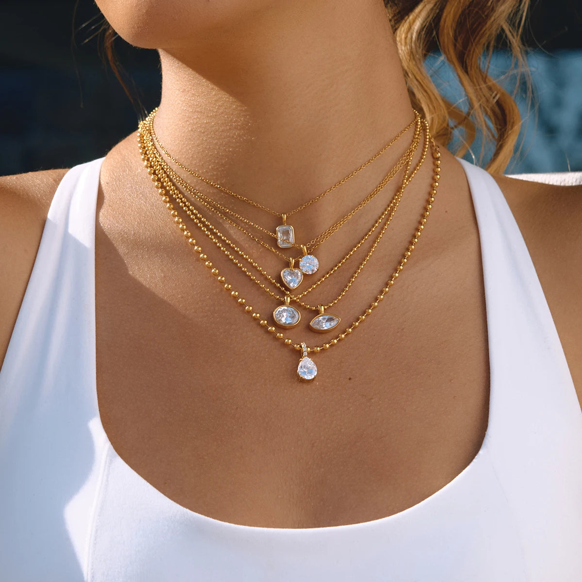 Uworld Classic Geometric waterdrop shape White Zircon Necklace With Bead Chain Women 18K Gold Plated Stainless Steel Necklaces