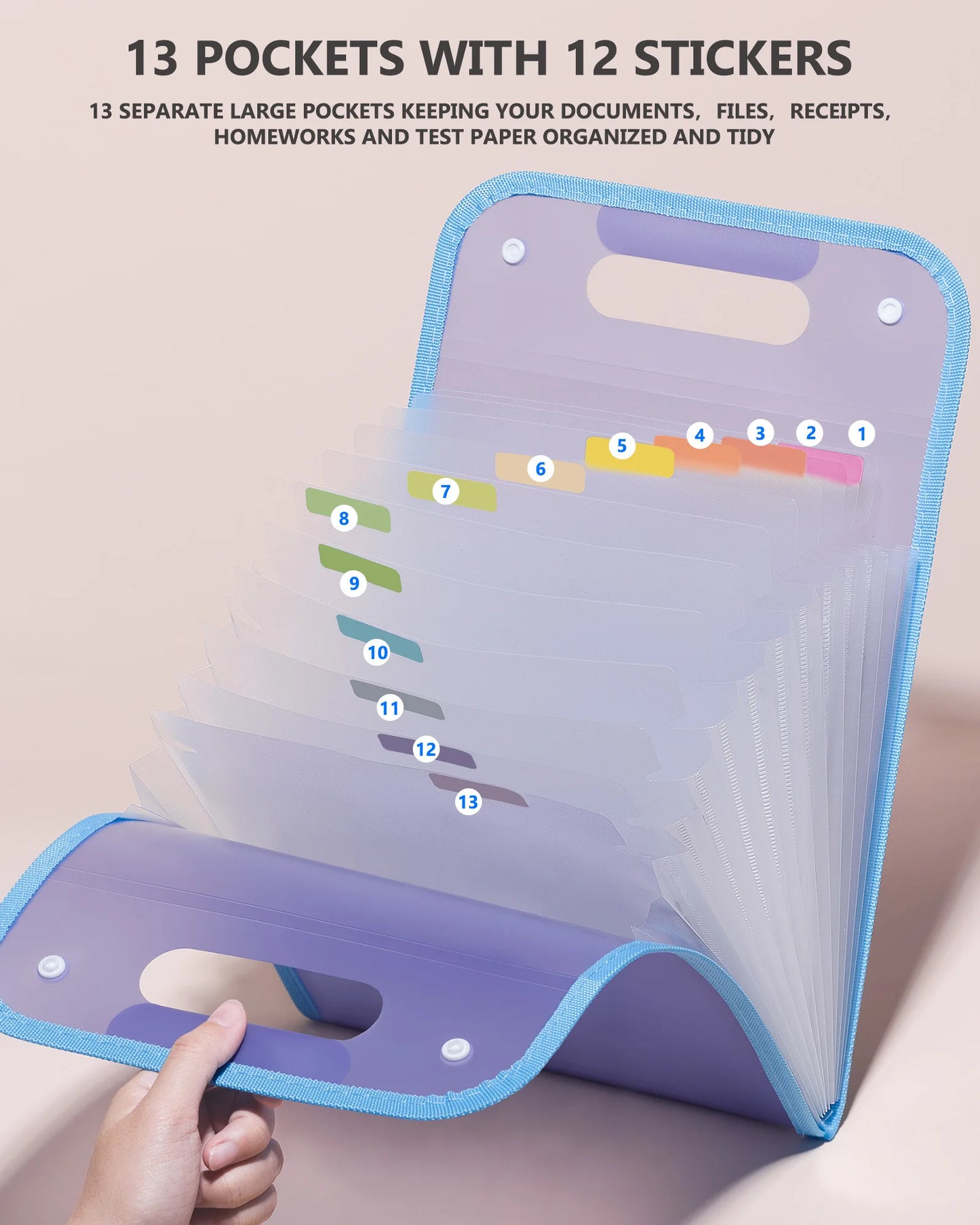Expanding A4 File Folder,13 Pockets File Organizer with Portable Holder,A4 Size Accordion Document Folder for Office School