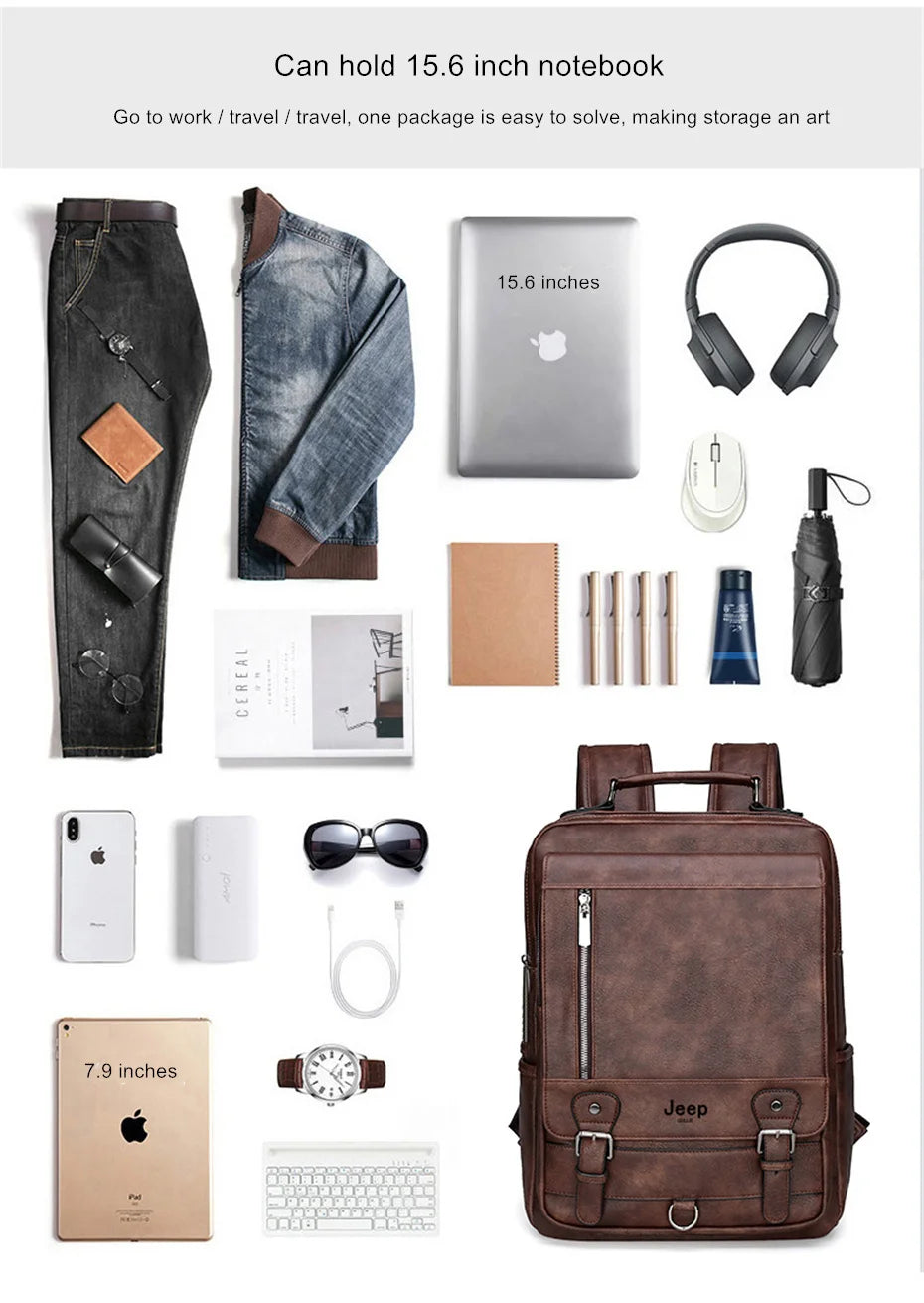 JEEP BULUO Leather Men Backpack Business 15.6" PC Bag Large Capacity Travel Bag