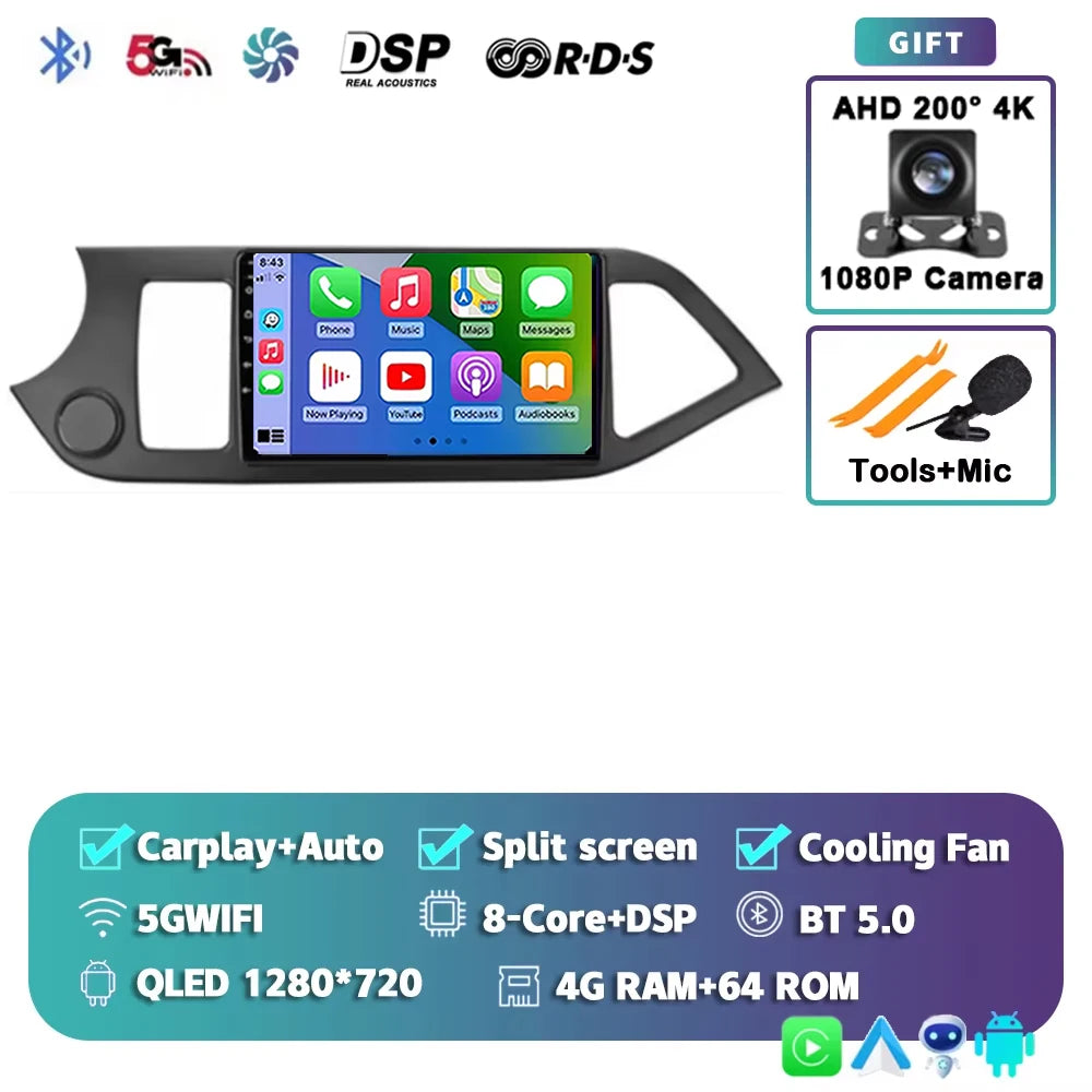 For KIA PICANTO Morning 2011 2012 - 2017 2K 12+256 QLED Android 15 CarPlay Car Radio Multimedia Video Player GPS stereo Head DSP