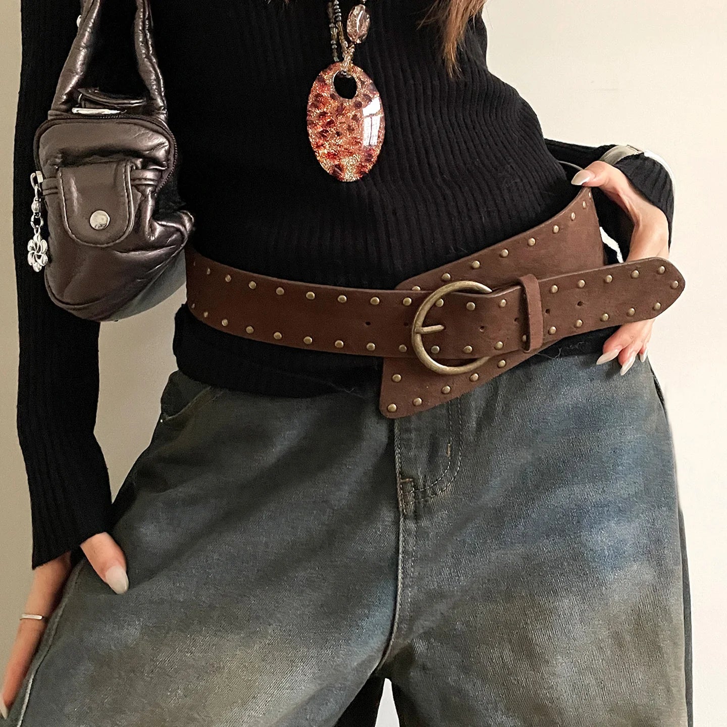 Retro American Punk Style Velvet Rivet Wide Belt For Women Design Sense Waistcoat With Skirt Jeans Belt