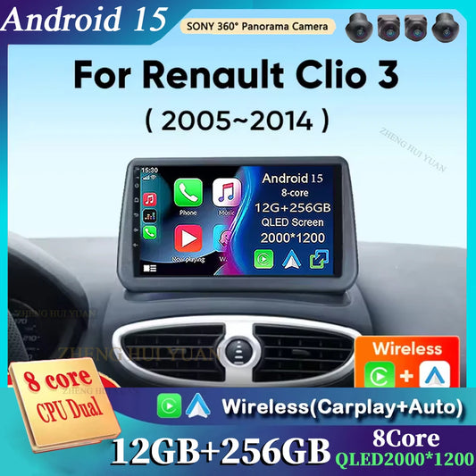 Android 15 Car Radio for Renault Clio 3 2005-2014 Wireless CarPlay Android Auto 4G Multimedia Player Navigation GPS 2din Autorad