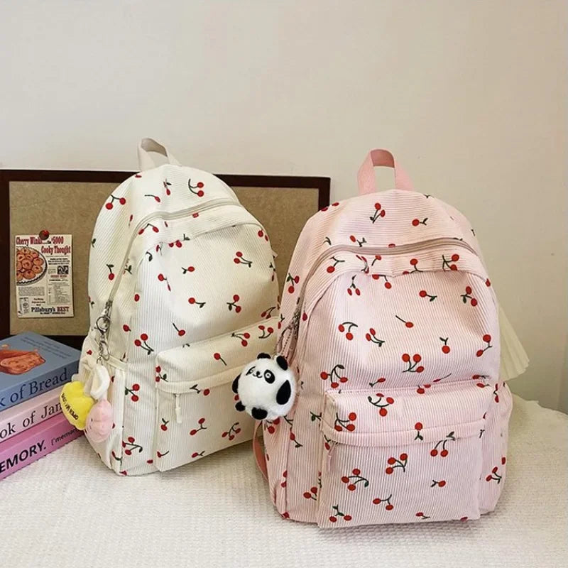 Corduroy Backpack Cherry Pattern Women Travel Daypack Adjustable Strap Laptop Backpack Zipper for Work Shopping School mochilas