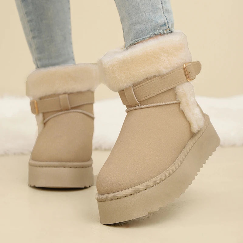 Faux Fur Winter Ankle Boots Women Fashion Buckle Anti Slip Platform Snow Boots Woman Plus Size Faux Suede Warm Short Booties