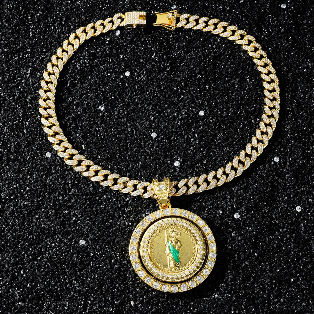 Men's Hip Hop Rotatable St. Jude San Judas Pendant Necklace with Cuban Chain Religious rotation Saint Jude Idol Pendants Jewelry