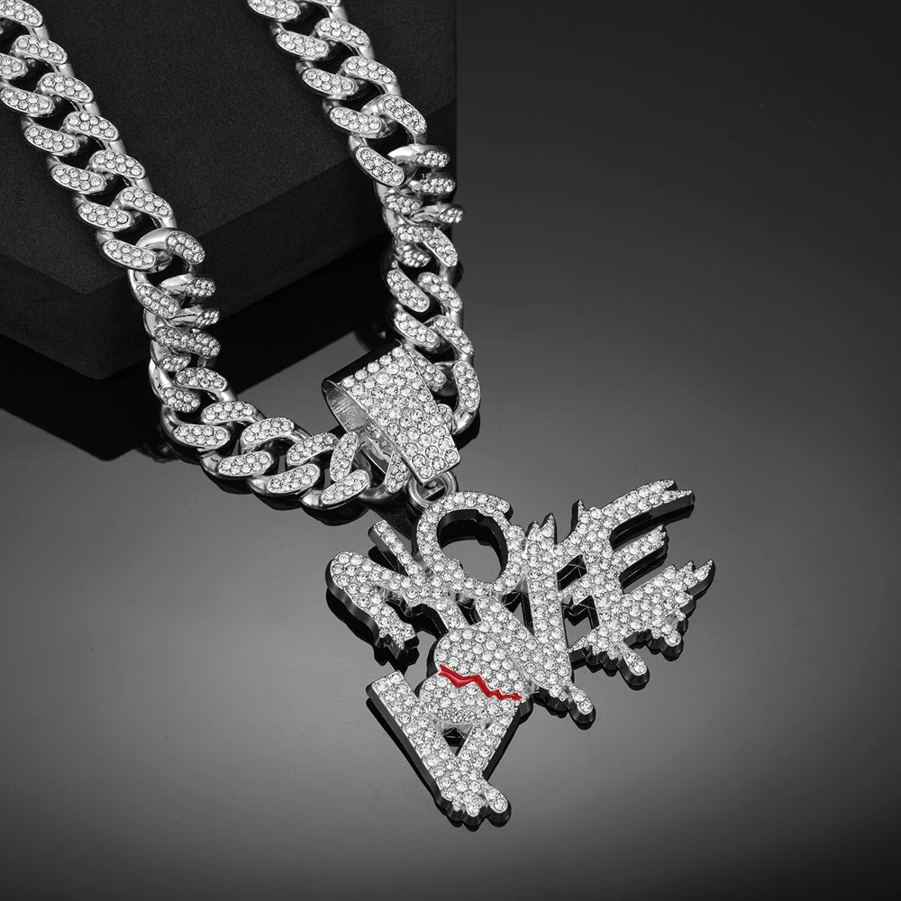 Men Women Hip Hop No Love Heart Letter Pendant Necklace with 13mm Cuban Chain Iced Out Bling Hiphop Necklaces Charm Jewelry Gift