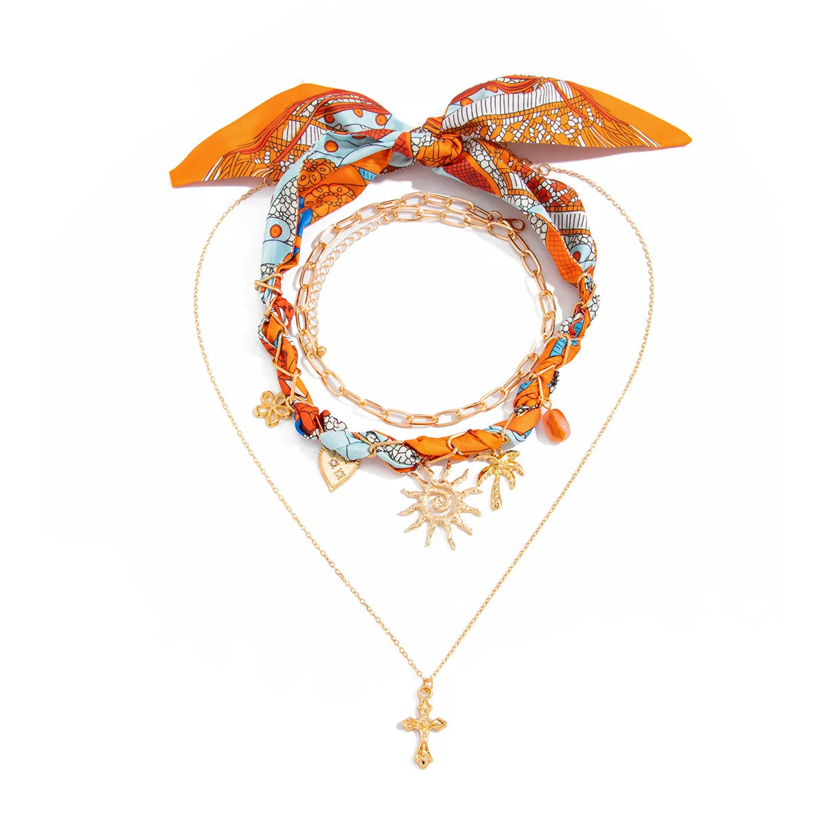 Resort Style Cross Sun Coconut Tree Multi Layer Pendant Necklace for Women Beach Boho Layered Chain Vacation Jewelry Gift