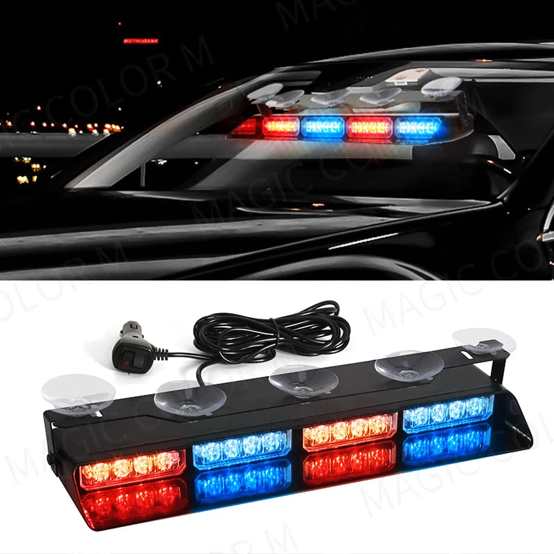 16 LED Car Strobe Light For Emergency Flash Warning Lamp Windshield Bar Red Blue Amber White Waterproof Auto Light Assembly 12V
